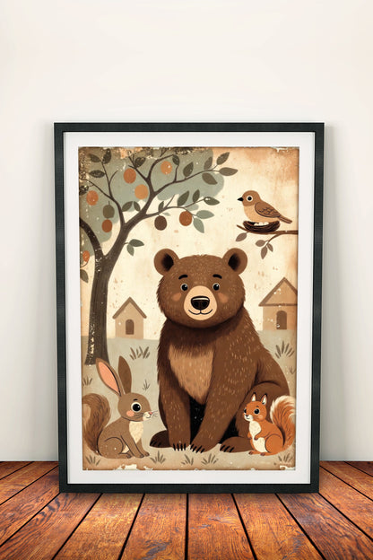 Cozy Forest Friends Poster – Retro Whimsical Woodland Art