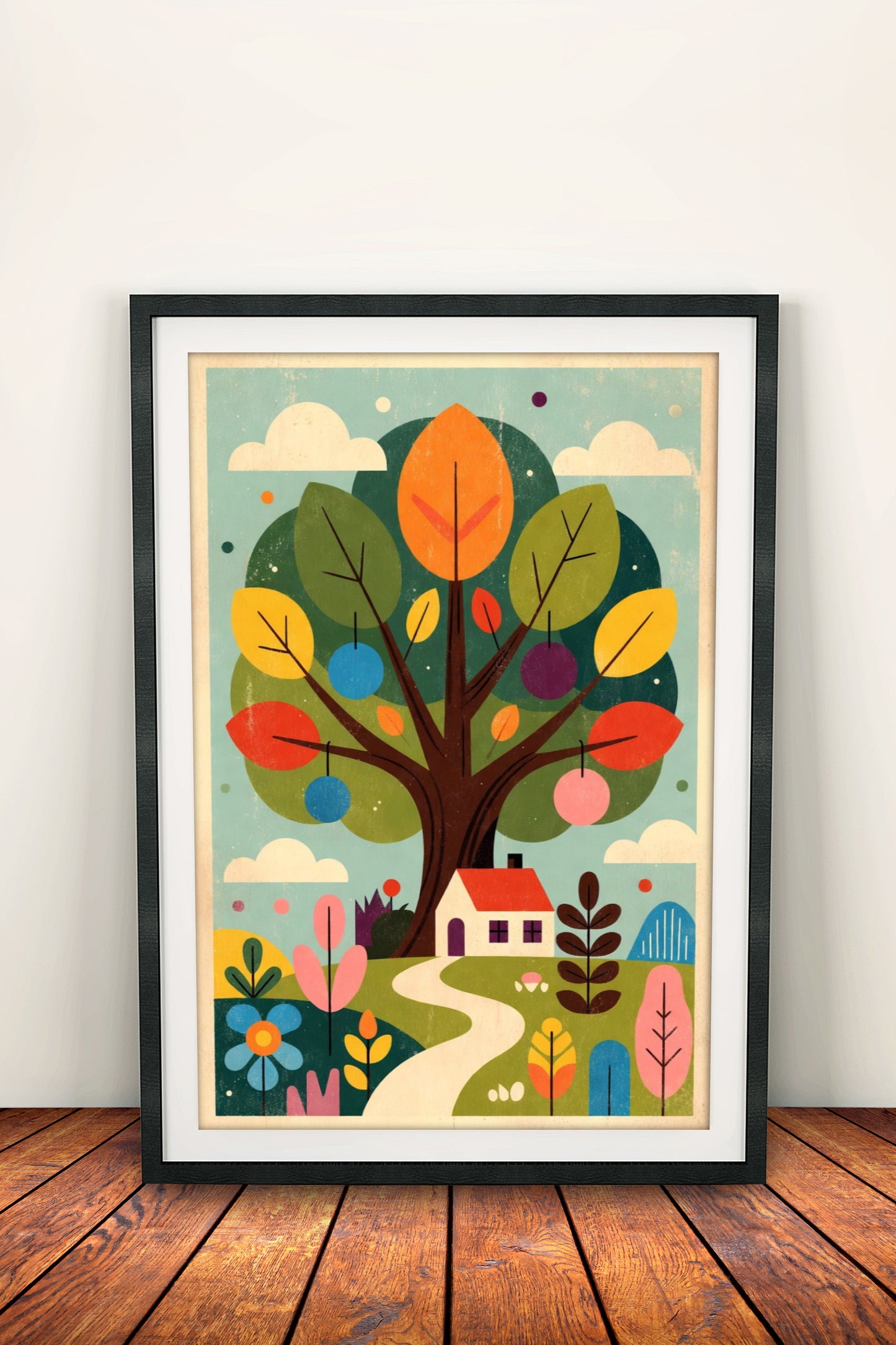Whimsical Tree House Poster - Retro Colorful Nature Art