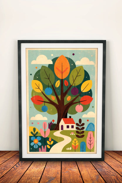 Whimsical Tree House Poster - Retro Colorful Nature Art