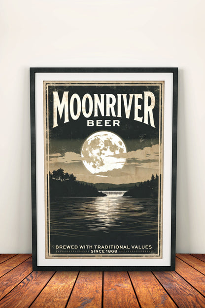 Moonriver Beer Poster – Retro Moonlit River Vintage Art