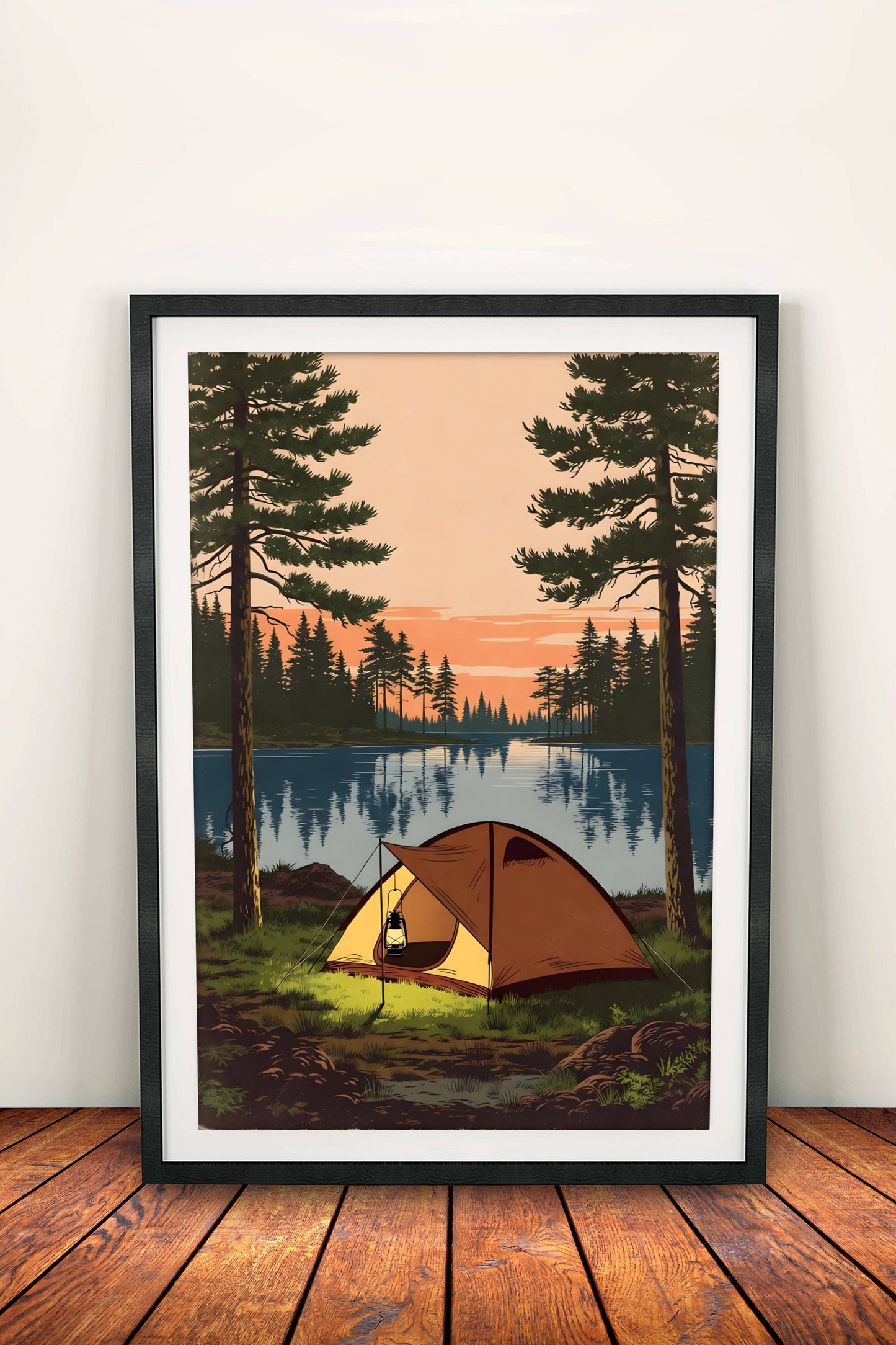 Camping by the Lake Poster – Retro Wilderness Sunset Art