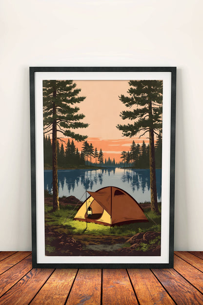 Camping by the Lake Poster – Retro Wilderness Sunset Art