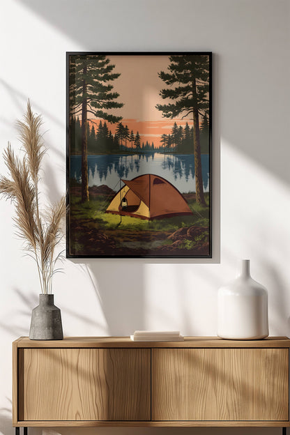 Camping by the Lake Poster – Retro Wilderness Sunset Art