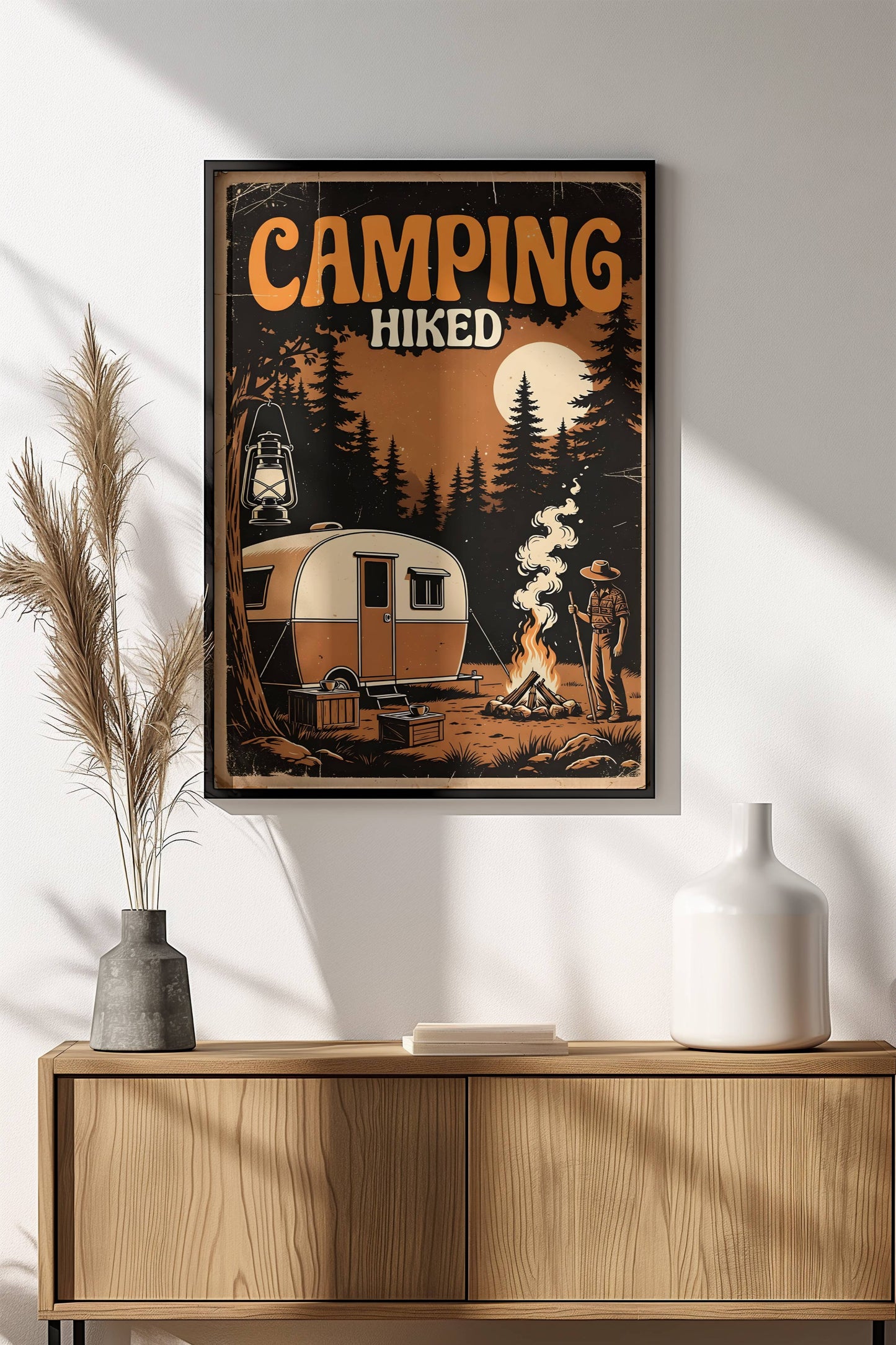 Camping Hiked Poster – Retro Night Camp Adventure Art