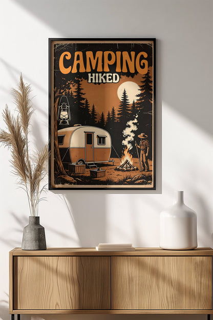 Camping Hiked Poster – Retro Night Camp Adventure Art