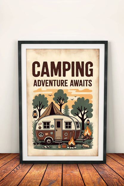 Camping Adventure Awaits Poster – Retro Hippie Camp Art