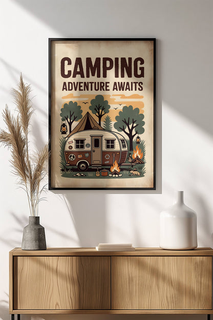 Camping Adventure Awaits Poster – Retro Hippie Camp Art