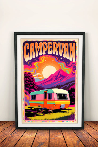 Campervan Sunset Vibes - Vintage Travel Poster
