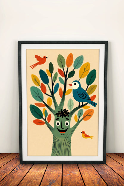 Happy Tree Face Poster – Retro Cute Nature Art