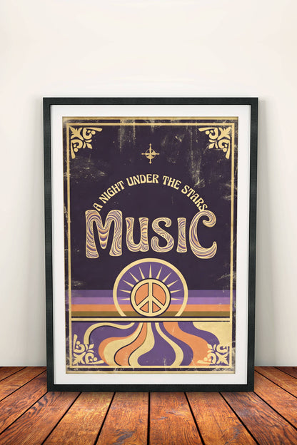 A Night Under The Stars Music Poster – Retro Vibrant Peace Art