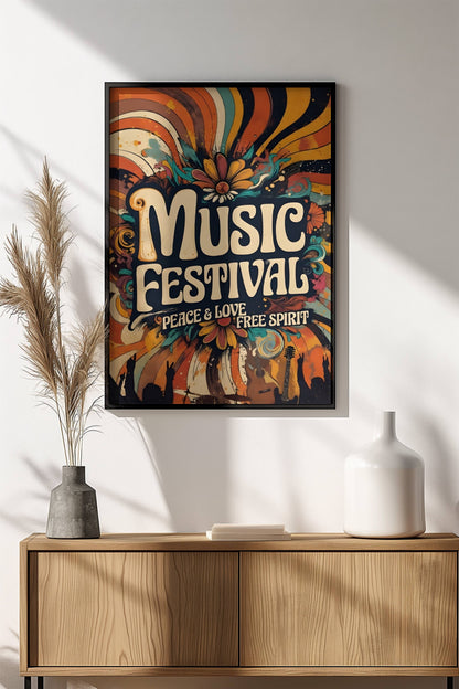 Music Festival Peace & Love Poster – Retro Hippie Vibrant Art