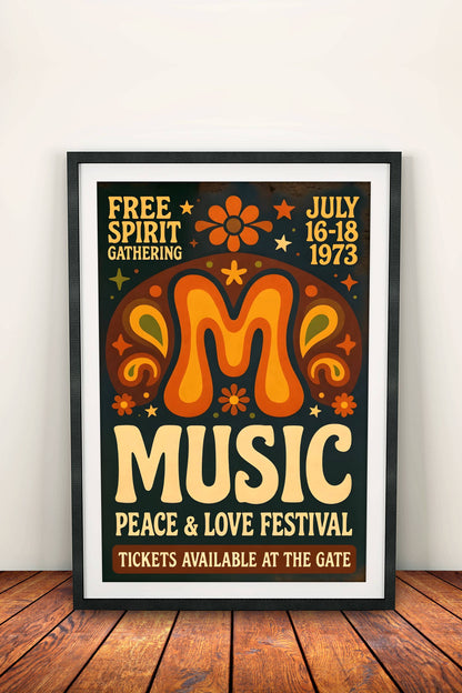Peace & Love Music Festival 1973 Poster – Retro Free Spirit Gathering Art