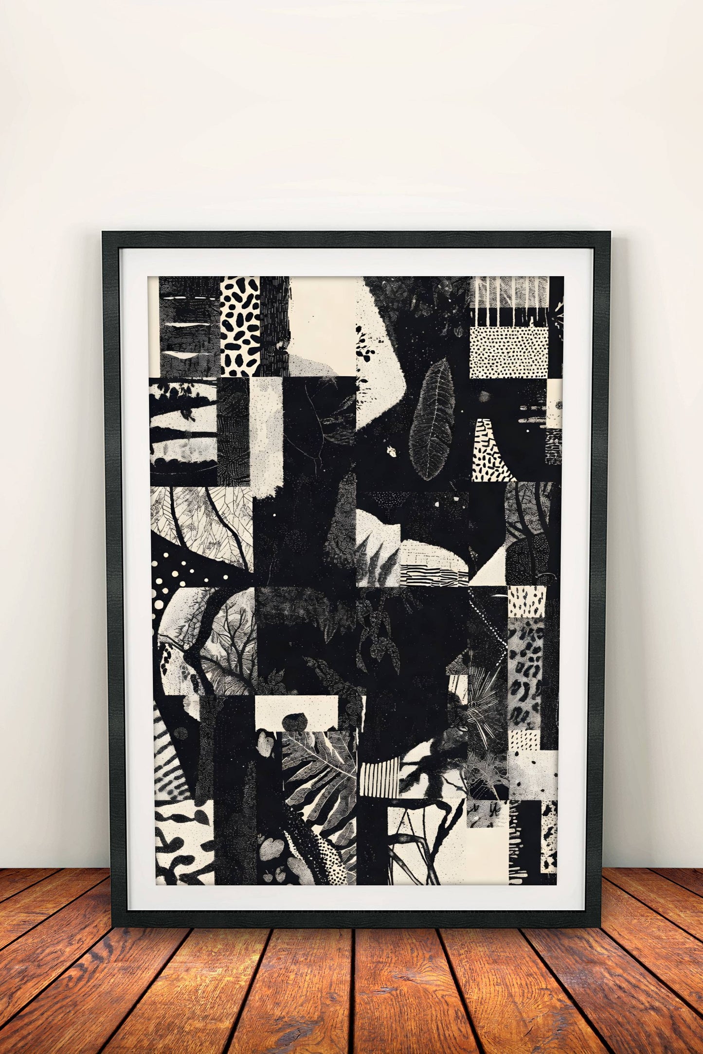 Abstract Jungle Collage Poster – Retro Monochrome Nature Art
