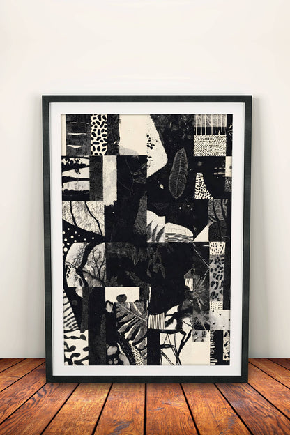 Abstract Jungle Collage Poster – Retro Monochrome Nature Art