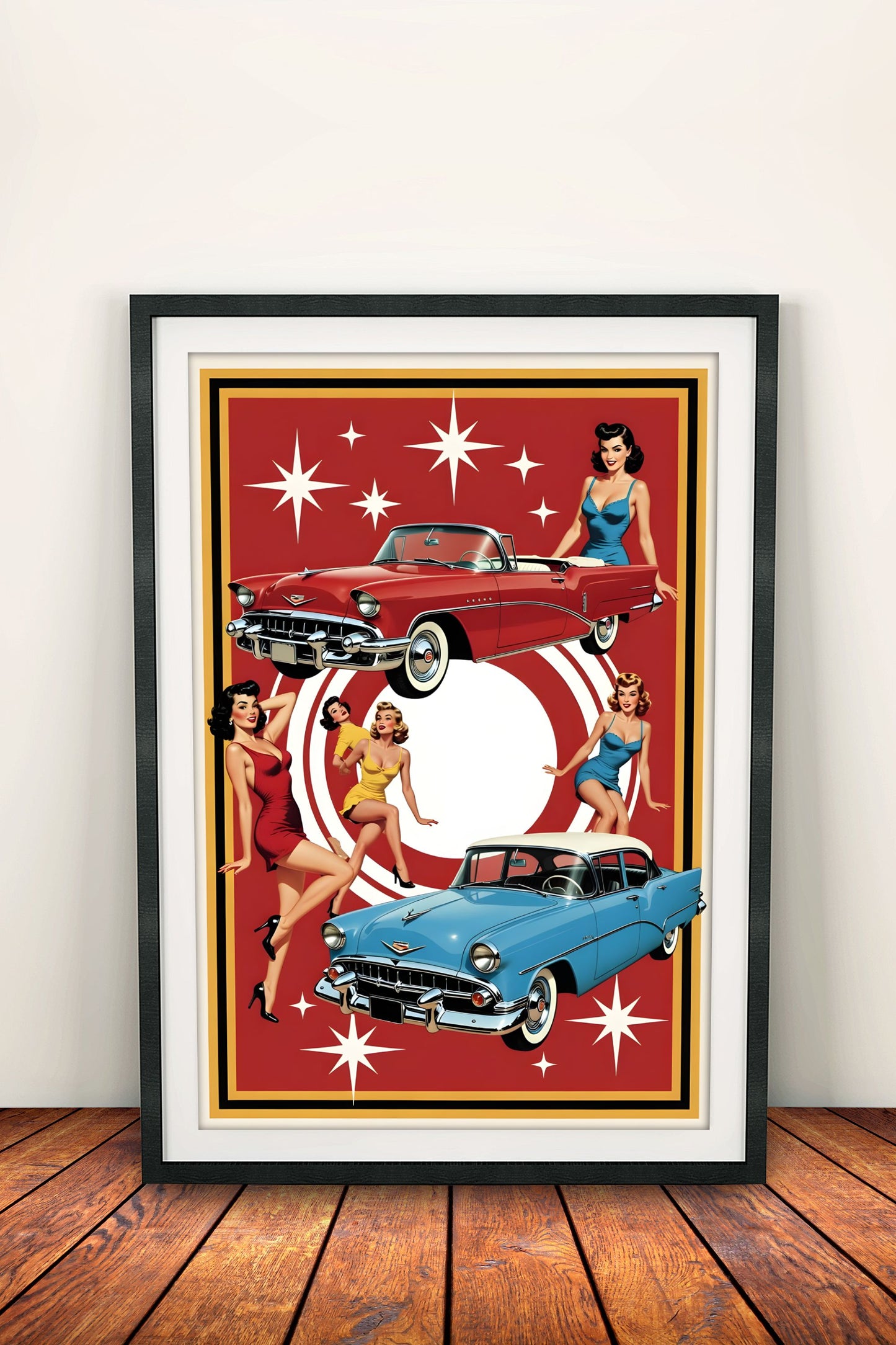Retro Vintage Girls & Classic Cars Poster – 1950s Vibes Art