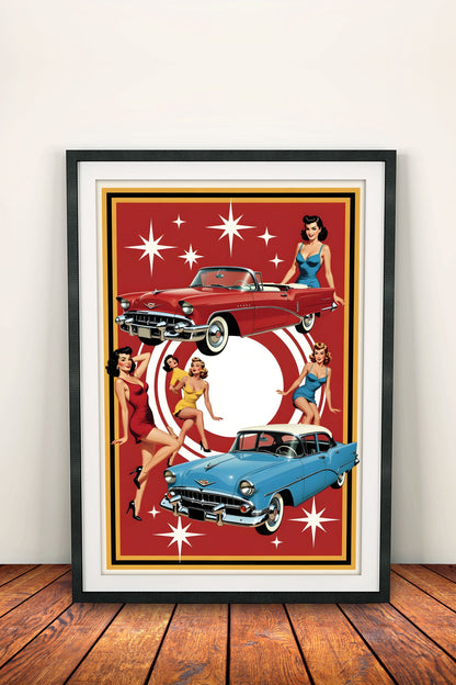 Retro Vintage Girls & Classic Cars Poster – 1950s Vibes Art