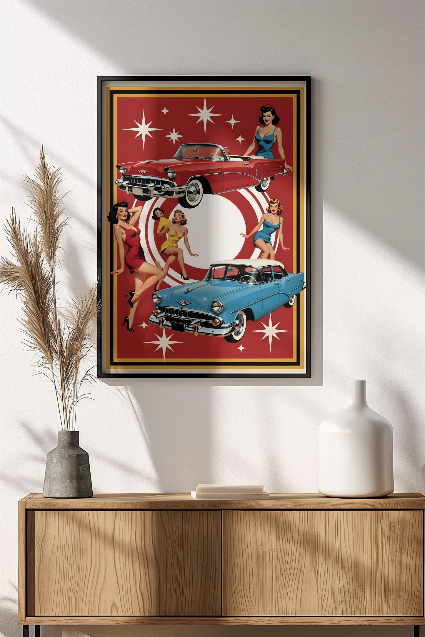 Retro Vintage Girls & Classic Cars Poster – 1950s Vibes Art