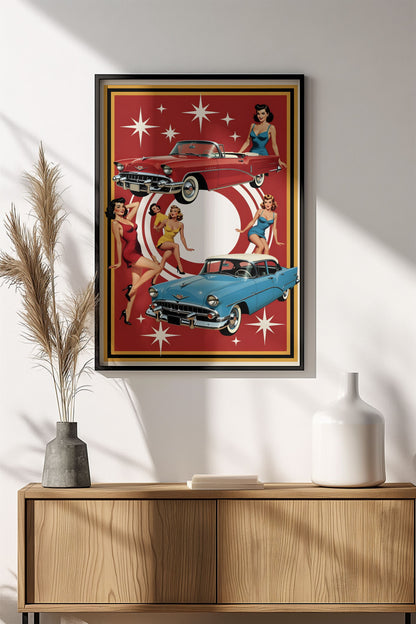 Retro Vintage Girls & Classic Cars Poster – 1950s Vibes Art