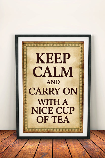 Keep Calm and Carry On with Tea - Vintage Poster