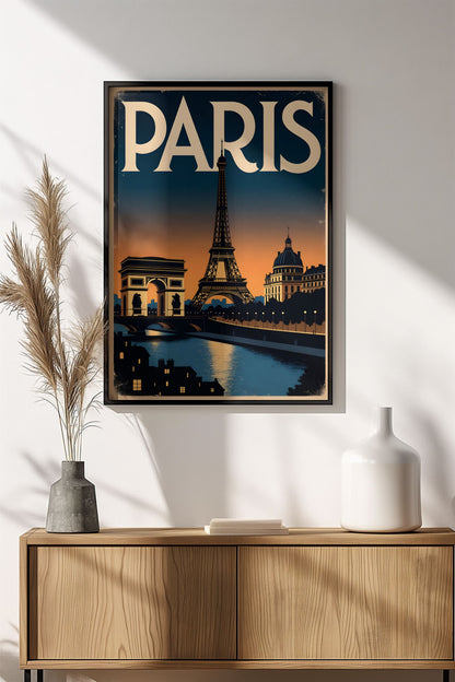 Paris Eiffel Tower Sunset - Retro Vintage Travel Poster