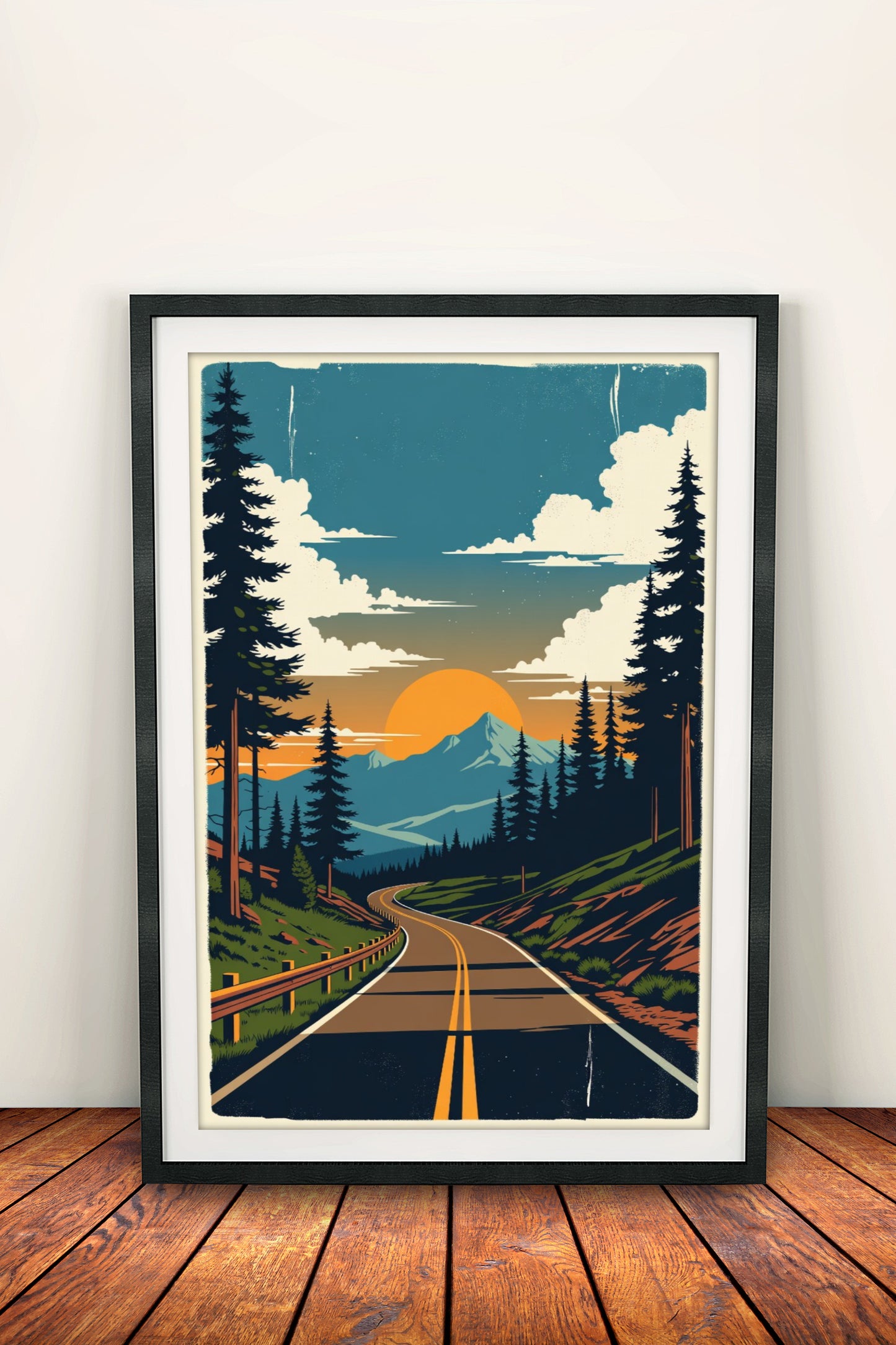 Mountain Road Sunset - Retro Vintage Travel Poster