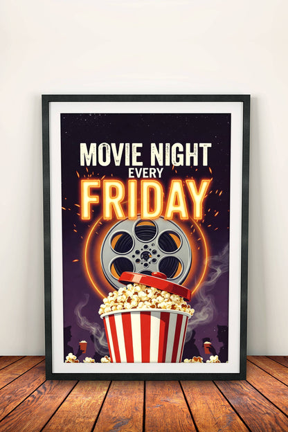 Movie Night Every Friday Poster – Retro Cinema Fun Art
