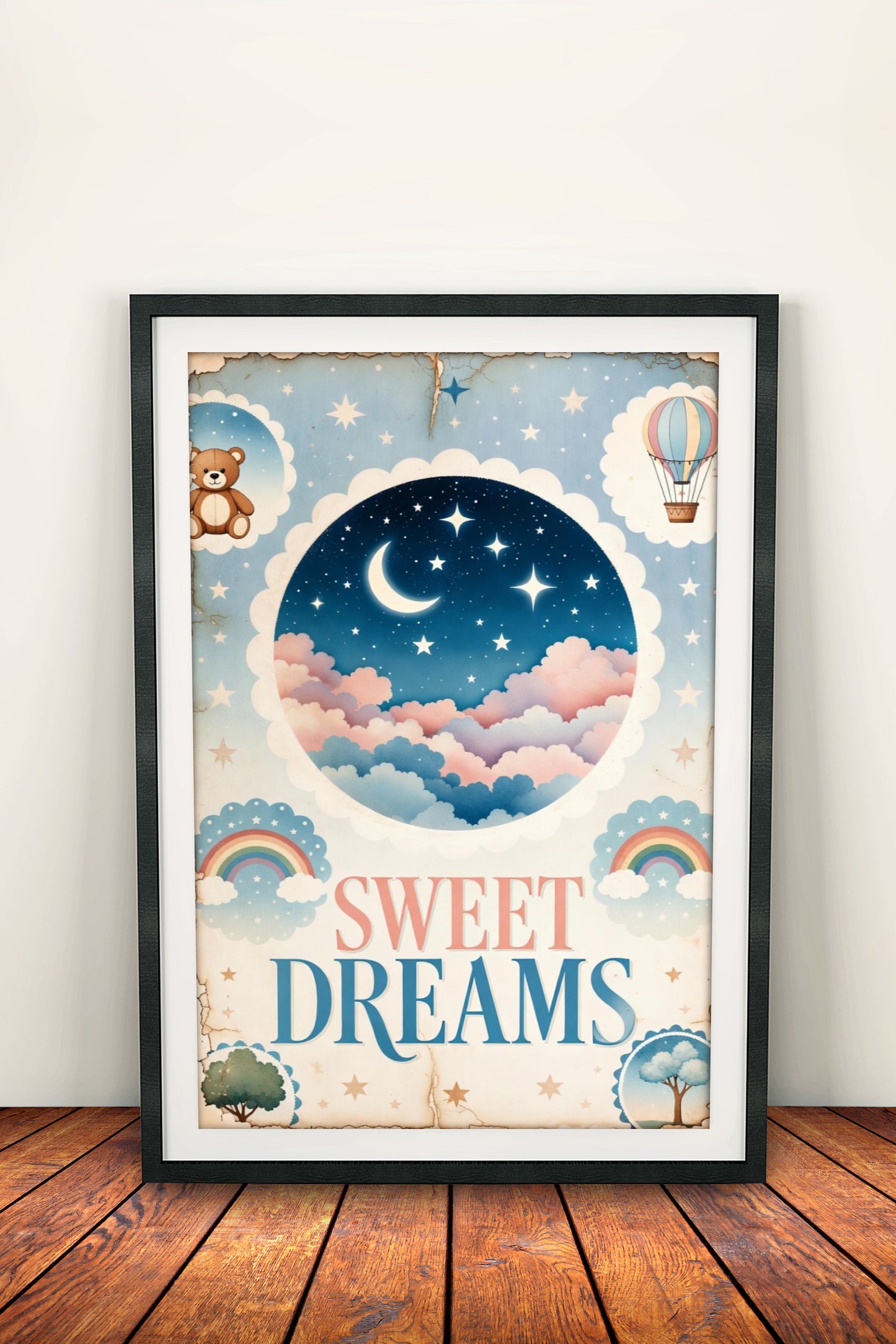 Sweet Dreams Poster – Retro Whimsical Night Sky Art