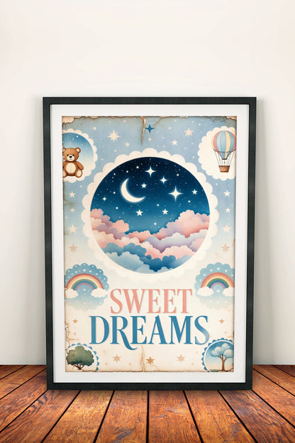 Sweet Dreams Poster – Retro Whimsical Night Sky Art