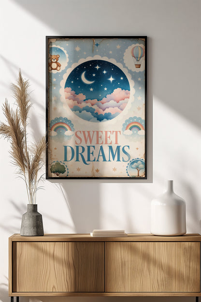 Sweet Dreams Poster – Retro Whimsical Night Sky Art